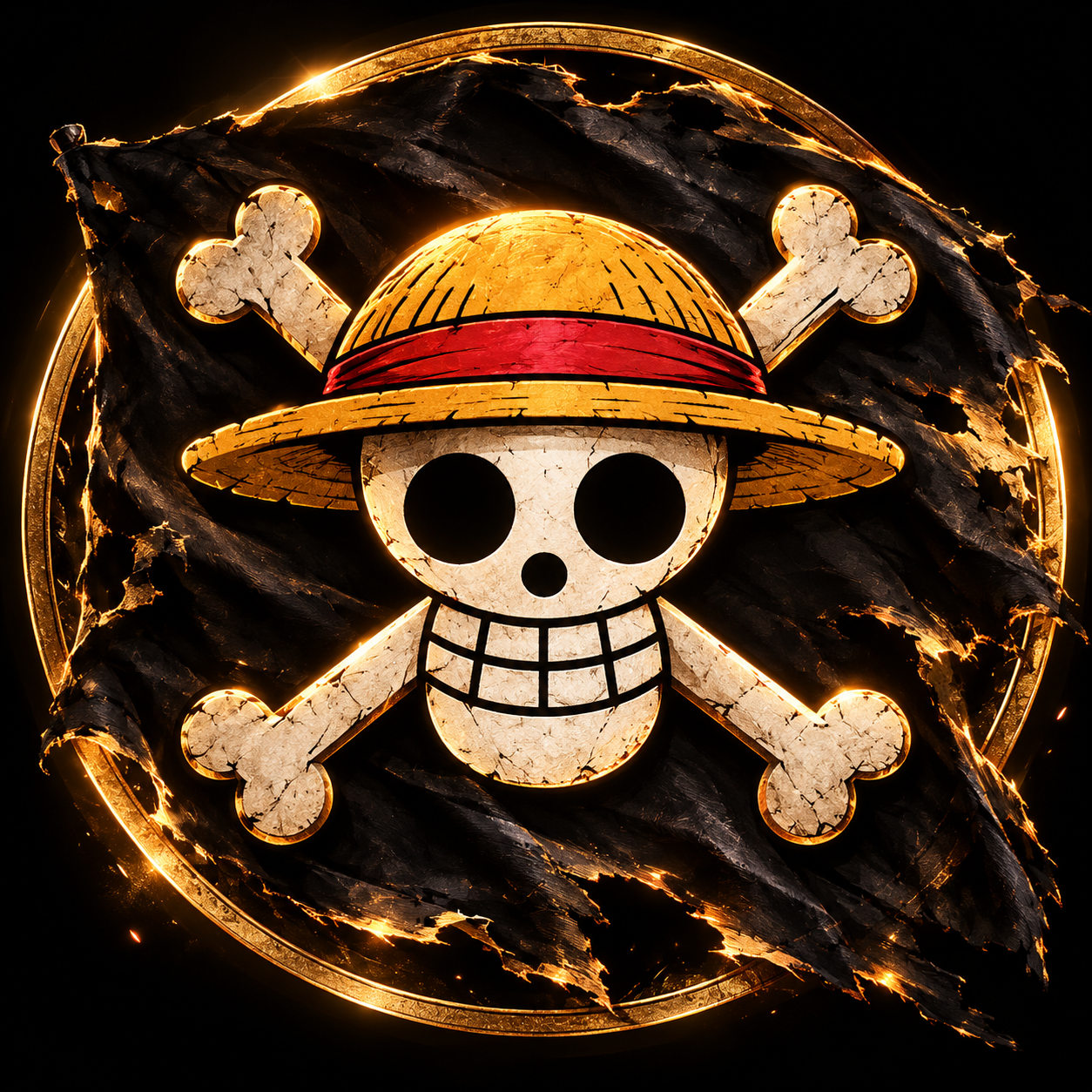Dramatic original illustration of a straw-hat pirate skull flag on a dark, weathered banner